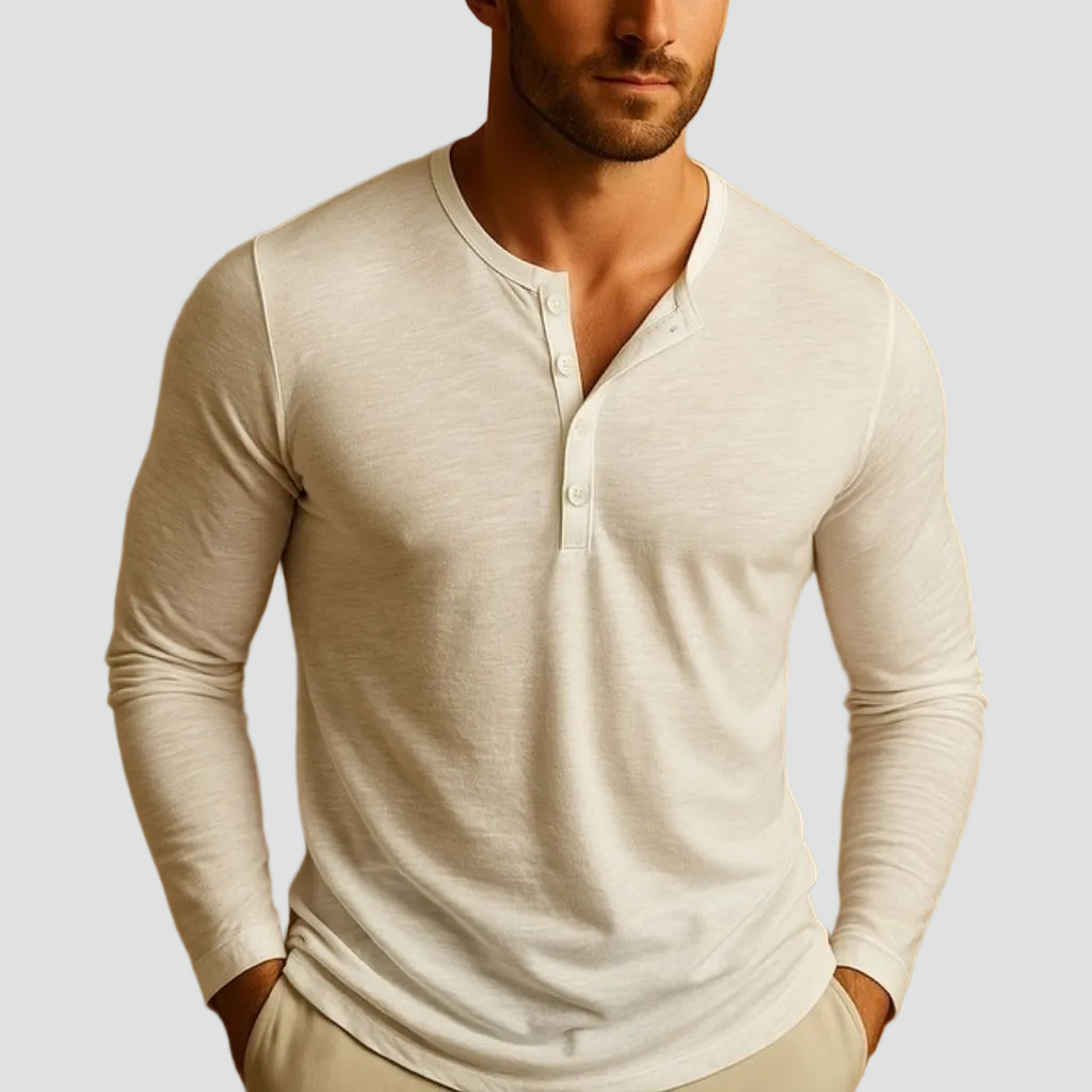 Chemise décontractée ajustée pour homme à manches longues de type Henley en mélange de coton