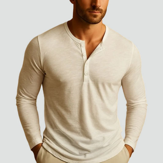 Camiseta masculina de manga larga tipo Henley | Camisa casual ajustada de mezcla de algodón