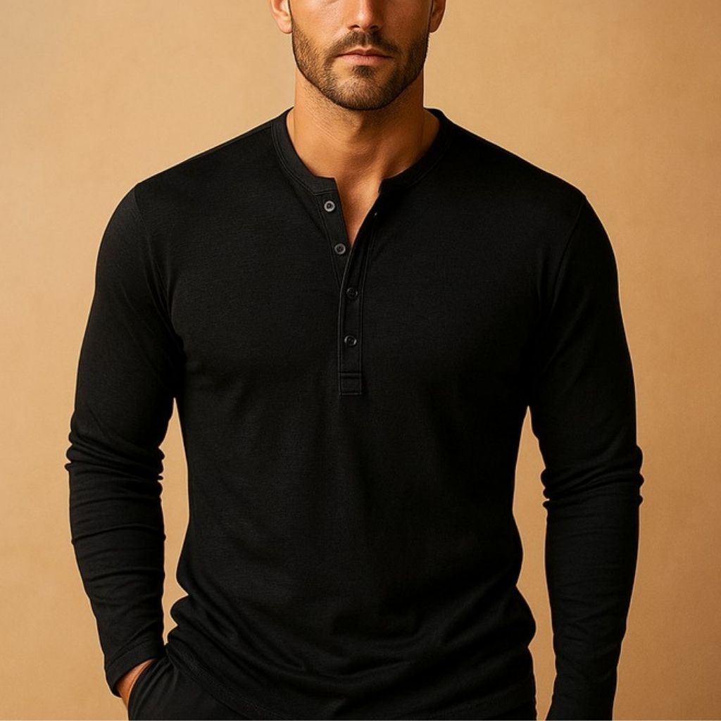 Chemise décontractée ajustée pour homme à manches longues de type Henley en mélange de coton