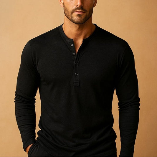 Camiseta masculina de manga larga tipo Henley | Camisa casual ajustada de mezcla de algodón