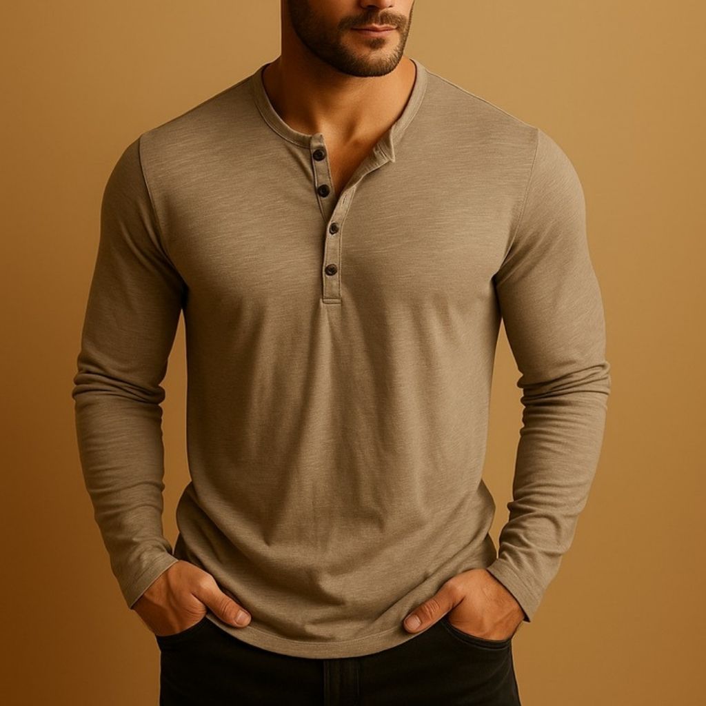 Chemise décontractée ajustée pour homme à manches longues de type Henley en mélange de coton