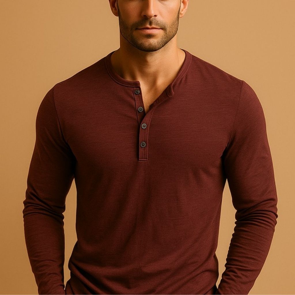 Chemise décontractée ajustée pour homme à manches longues de type Henley en mélange de coton