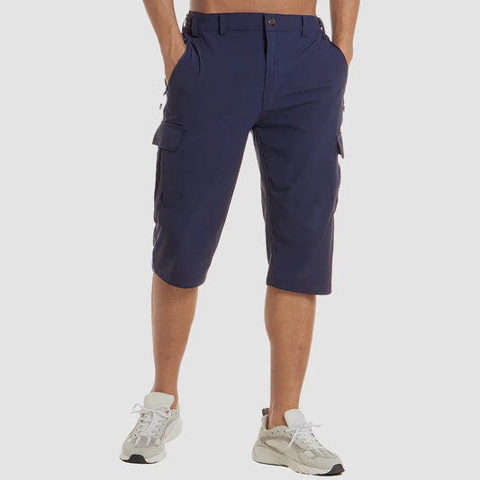 Pantalones cortos cargo para hombre hasta la rodilla | Solapa lateral, bolsillos, cremallera y bragueta