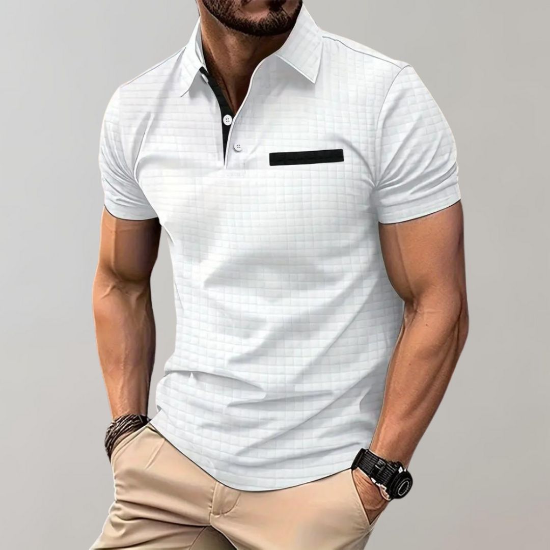 Men's Polo Shirt with Checkered Pattern | Contrast Collar Details