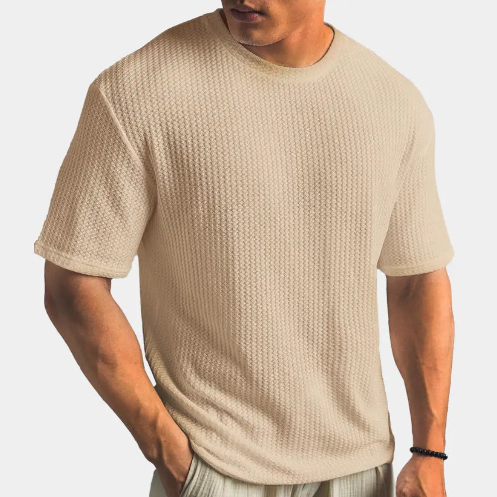 Tricou bărbătesc din țesătură waflu | Cu guler rotund, texturat, tricou de zi cu zi