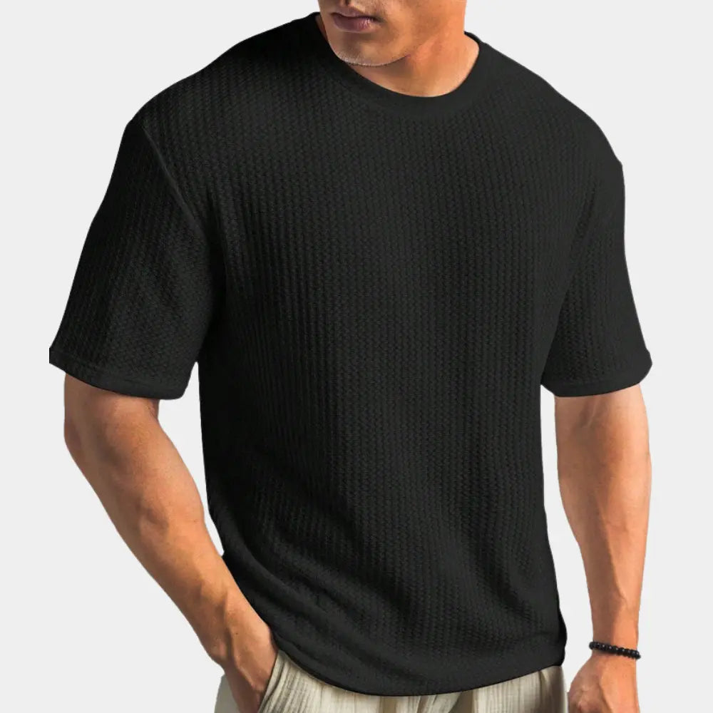 Tricou bărbătesc din țesătură waflu | Cu guler rotund, texturat, tricou de zi cu zi