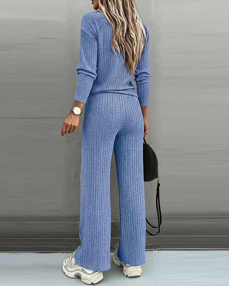 Ensemble coordonné en maille côtelée pour femme avec col en V | Manches longues et style jambes droites
