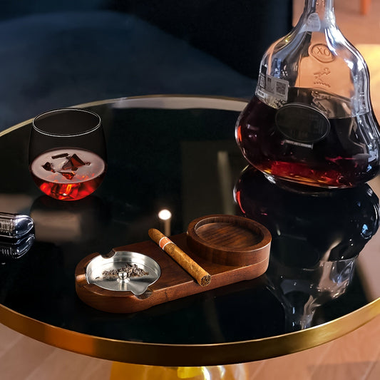 Lujoso cenicero de madera para puros con bandeja para copas de whisky