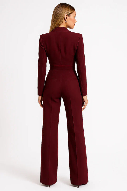 Mono de mujer lujoso con chaqueta | Conjunto con escote en pico y pantalones anchos