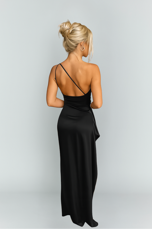 Rochie maxi satinată pentru femei, cu un umăr, stil elegant, cu despicătură pentru seară