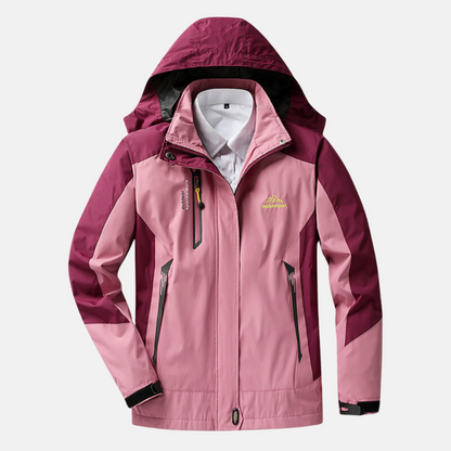 Tkana Kurtka Damska z Kapturem i Rozcięciem Pod Szyją