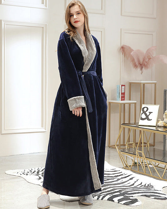 Navy Blue Plush Women's Bathrobe with Gray Faux Fur Trim