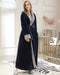 Navy Blue Plush Women's Bathrobe with Gray Faux Fur Trim