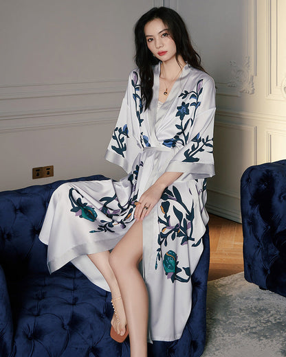 Women's White Satin Kimono Robe with Navy Blue Botanical Print | Luxury Floral Casual Wear