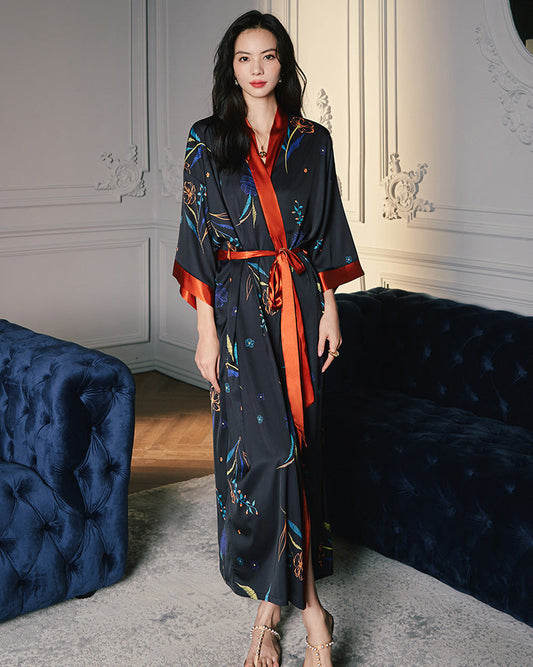 Women's Navy Blue Satin Floral Bathrobe with Coral Trim