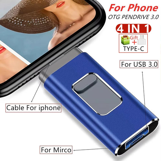 Multi-port OTG USB Flash Drive - USB-A, USB-C, Micro-USB and Lightning (4 in 1)