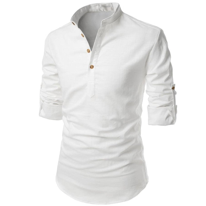 Męska Lniany Styl Z Długim Rękawem Koszula | Zespół Kołnierzyk Letni Styl