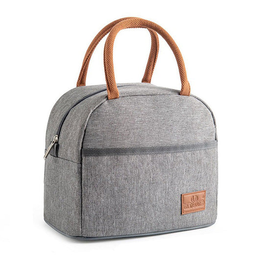Gray canvas lunch bag with brown handles