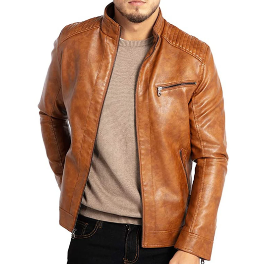Men's Motorcycle Jacket with Stand-Up Collar and Zipper