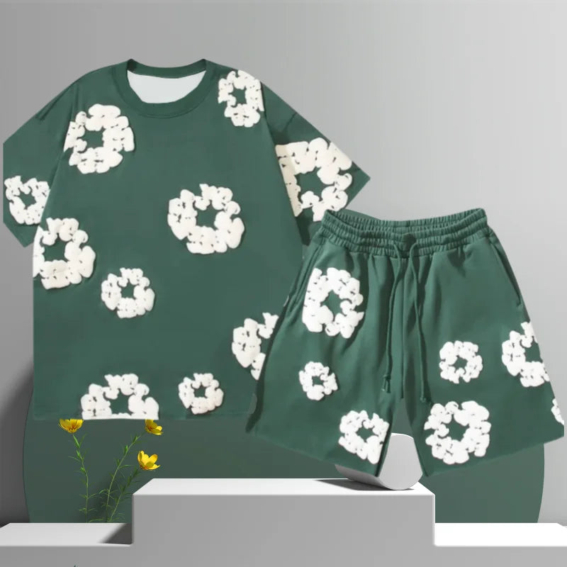 Ensemble short imprimé 3D fleur en coton pour homme