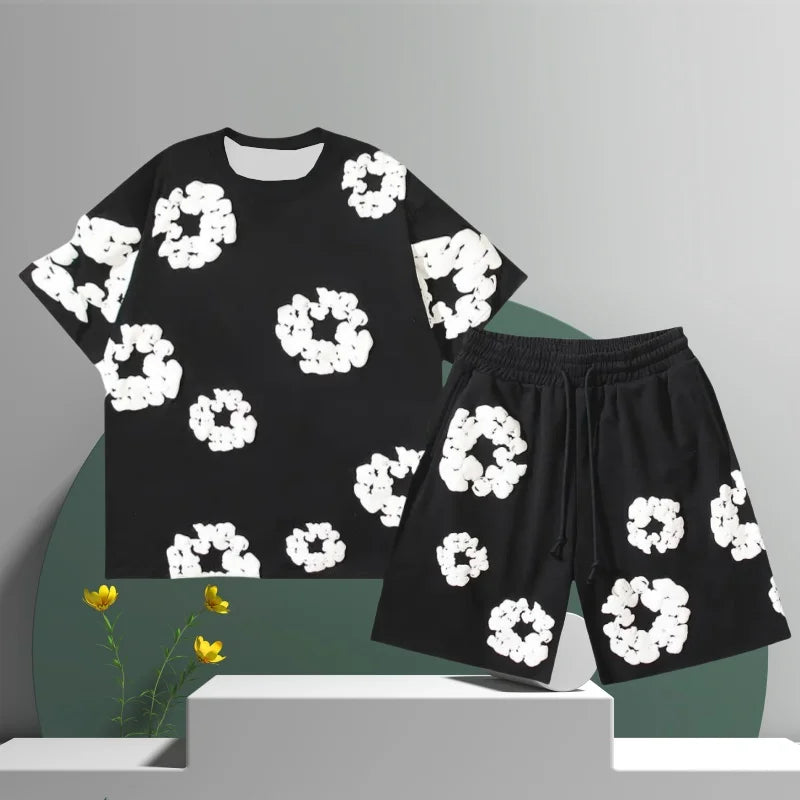 Ensemble short imprimé 3D fleur en coton pour homme