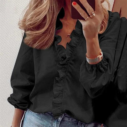 Blusa femenina con volante y escote en forma de V | Estilo suave y femenino para el verano