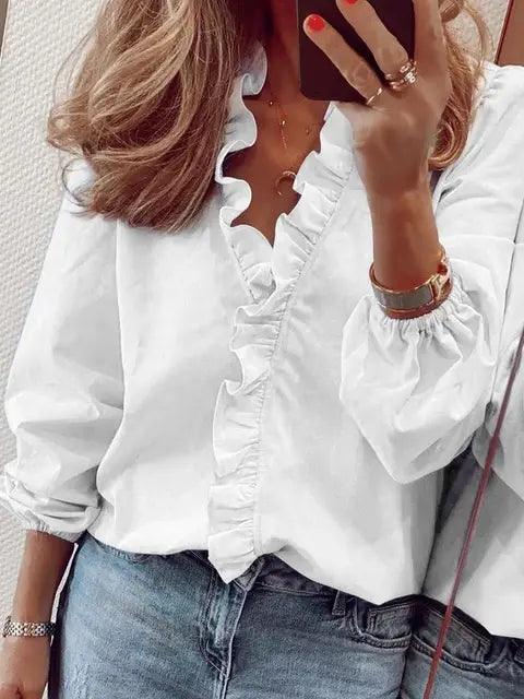 Blusa femenina con volante y escote en forma de V | Estilo suave y femenino para el verano