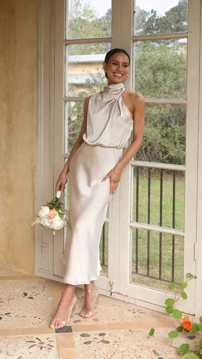 Vestido Midi Halter para Mujer | Estilo Veraniego Elegante con Drapados