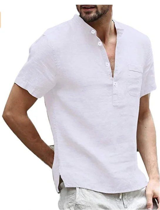Camicia estiva da uomo in lino con maniche corte e colletto alla coreana