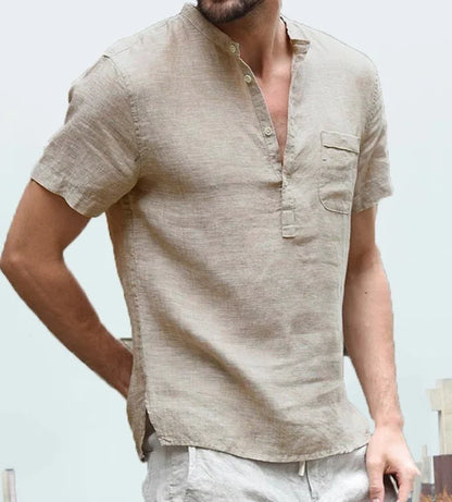 Camicia estiva da uomo in lino con maniche corte e colletto alla coreana