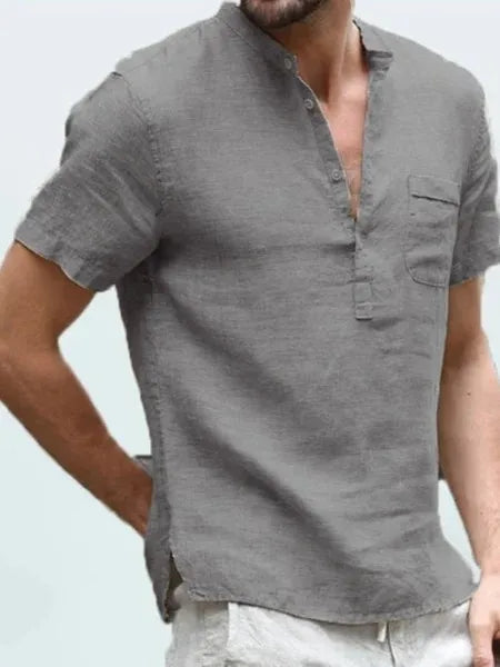 Camicia estiva da uomo in lino con maniche corte e colletto alla coreana