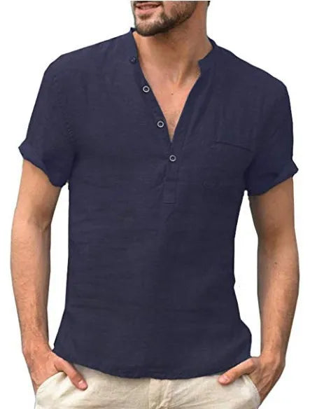 Camicia estiva da uomo in lino con maniche corte e colletto alla coreana