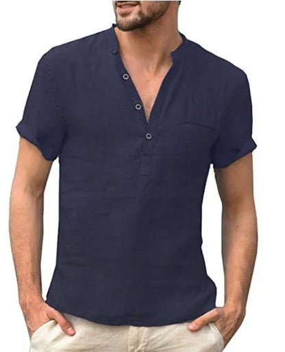 Camicia estiva da uomo in lino con maniche corte e colletto alla coreana
