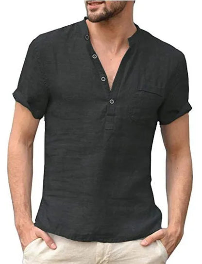 Camicia estiva da uomo in lino con maniche corte e colletto alla coreana