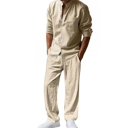 Men's Linen Style Two-Piece Set | Long Sleeve Shirt and Pants