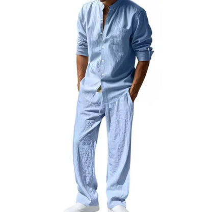 Men's Linen Style Two-Piece Set | Long Sleeve Shirt and Pants