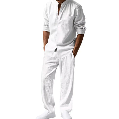 Men's Linen Style Two-Piece Set | Long Sleeve Shirt and Pants