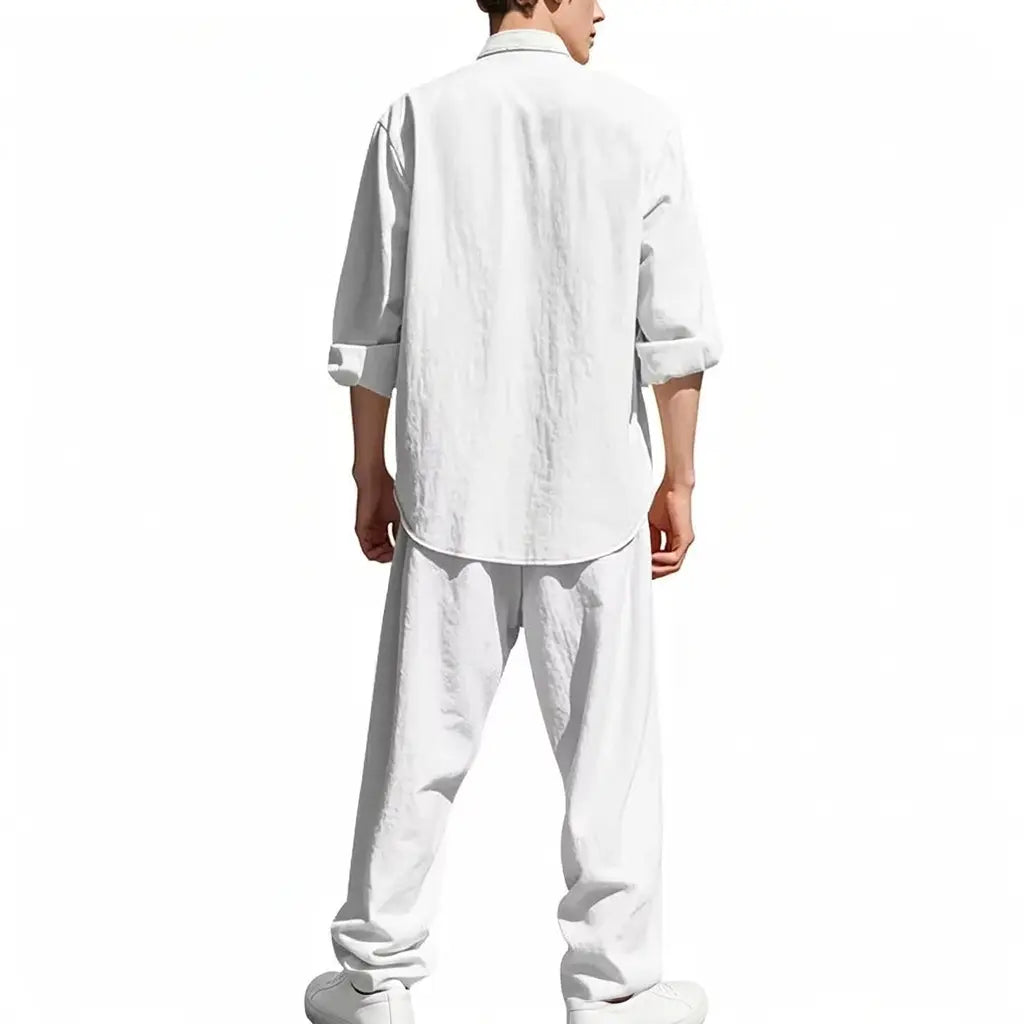 Men's Linen Style Two-Piece Set | Long Sleeve Shirt and Pants