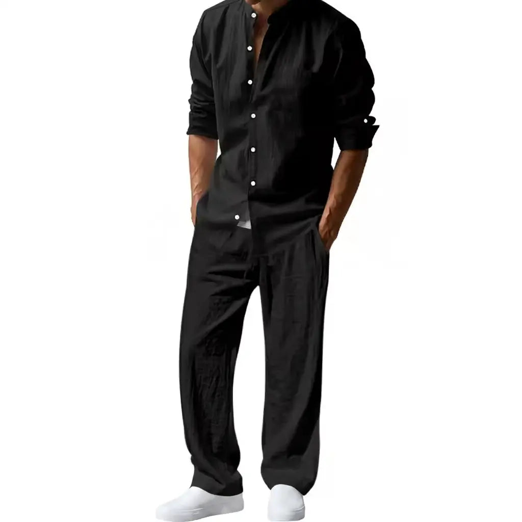 Men's Linen Style Two-Piece Set | Long Sleeve Shirt and Pants