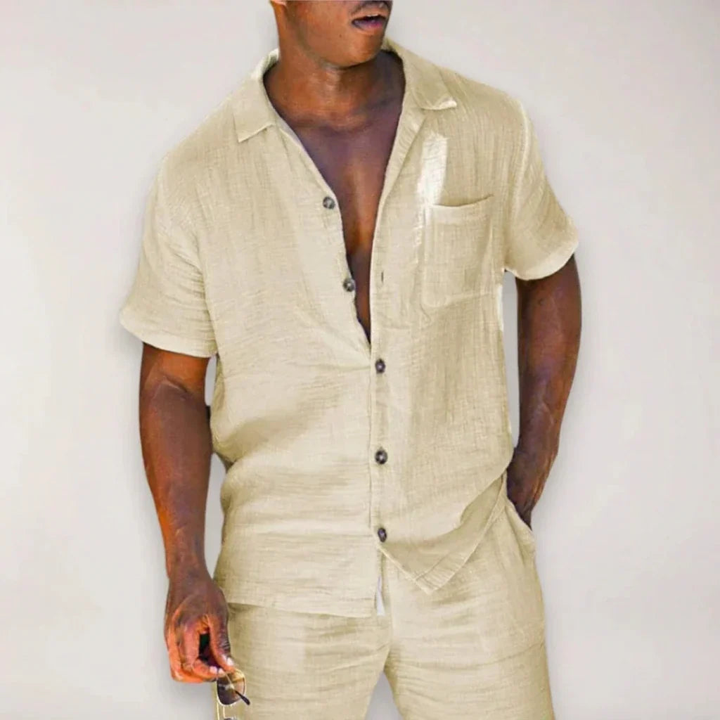 Set Coordinato Uomo in Misto Lino | Camicia e Pantaloncini con Tasca sul Petto