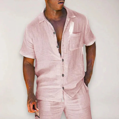 Set Coordinato Uomo in Misto Lino | Camicia e Pantaloncini con Tasca sul Petto