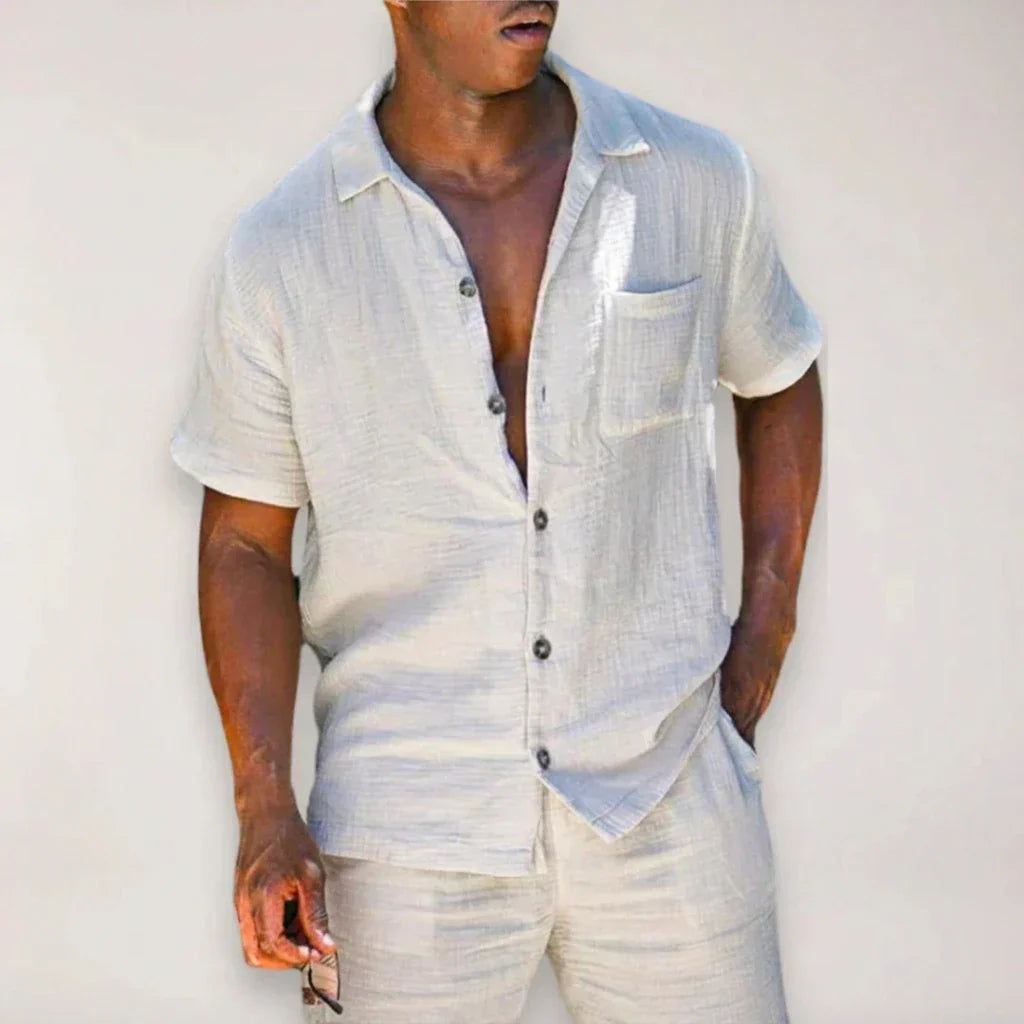 Set Coordinato Uomo in Misto Lino | Camicia e Pantaloncini con Tasca sul Petto