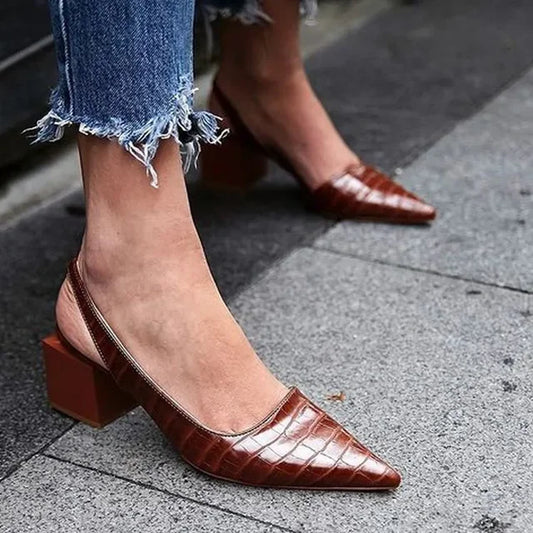 Zapatos de mujer sin talón con estampado de cocodrilo y tacón ancho