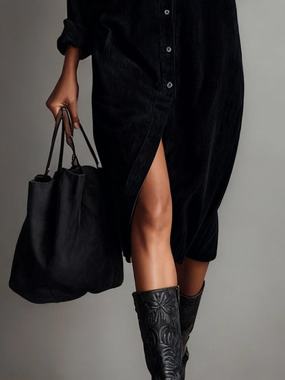 Robe midi en velours côtelé pour femme | Coupe décontractée avec poches poitrine