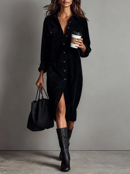 Robe midi en velours côtelé pour femme | Coupe décontractée avec poches poitrine