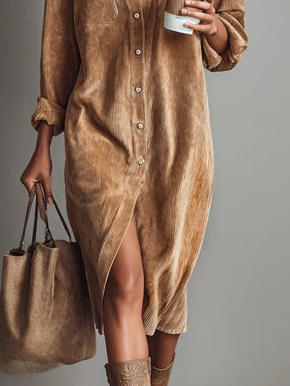 Robe midi en velours côtelé pour femme | Coupe décontractée avec poches poitrine
