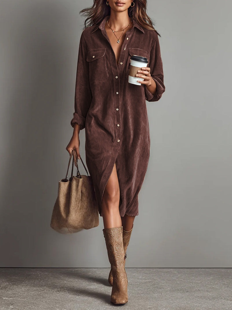 Robe midi en velours côtelé pour femme | Coupe décontractée avec poches poitrine