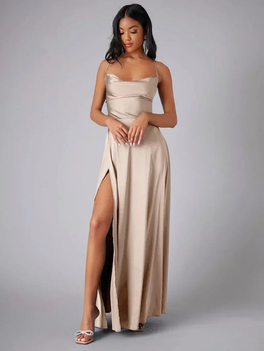 Vestido de noche largo de satén para mujer | Espalda descubierta con abertura alta