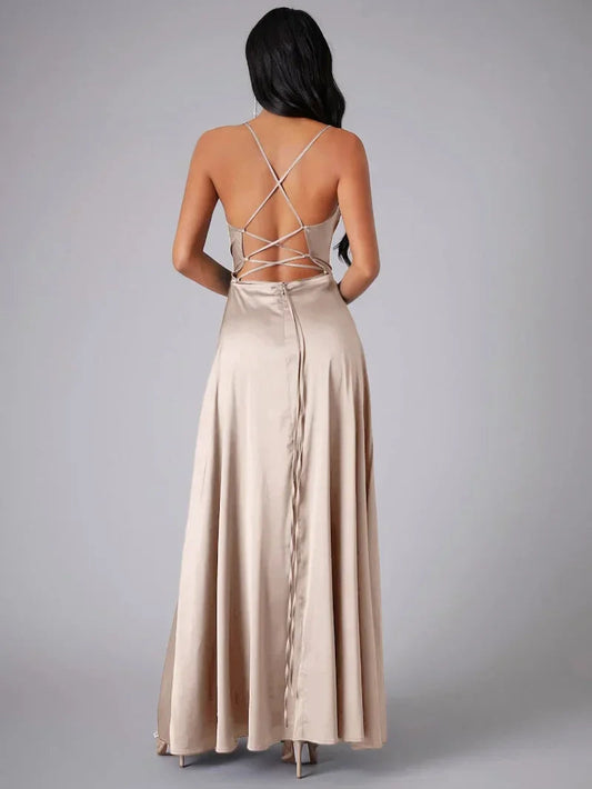 Vestido de noche largo de satén para mujer | Espalda descubierta con abertura alta