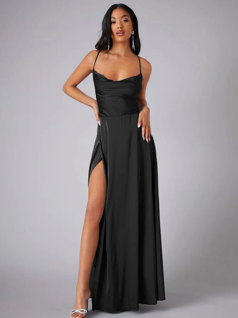 Robe de soirée maxi satinée pour femme | Dos nu avec fente haute